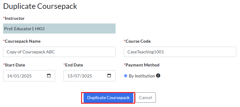 duplicate coursepack is at the bottom, next to "cancel"